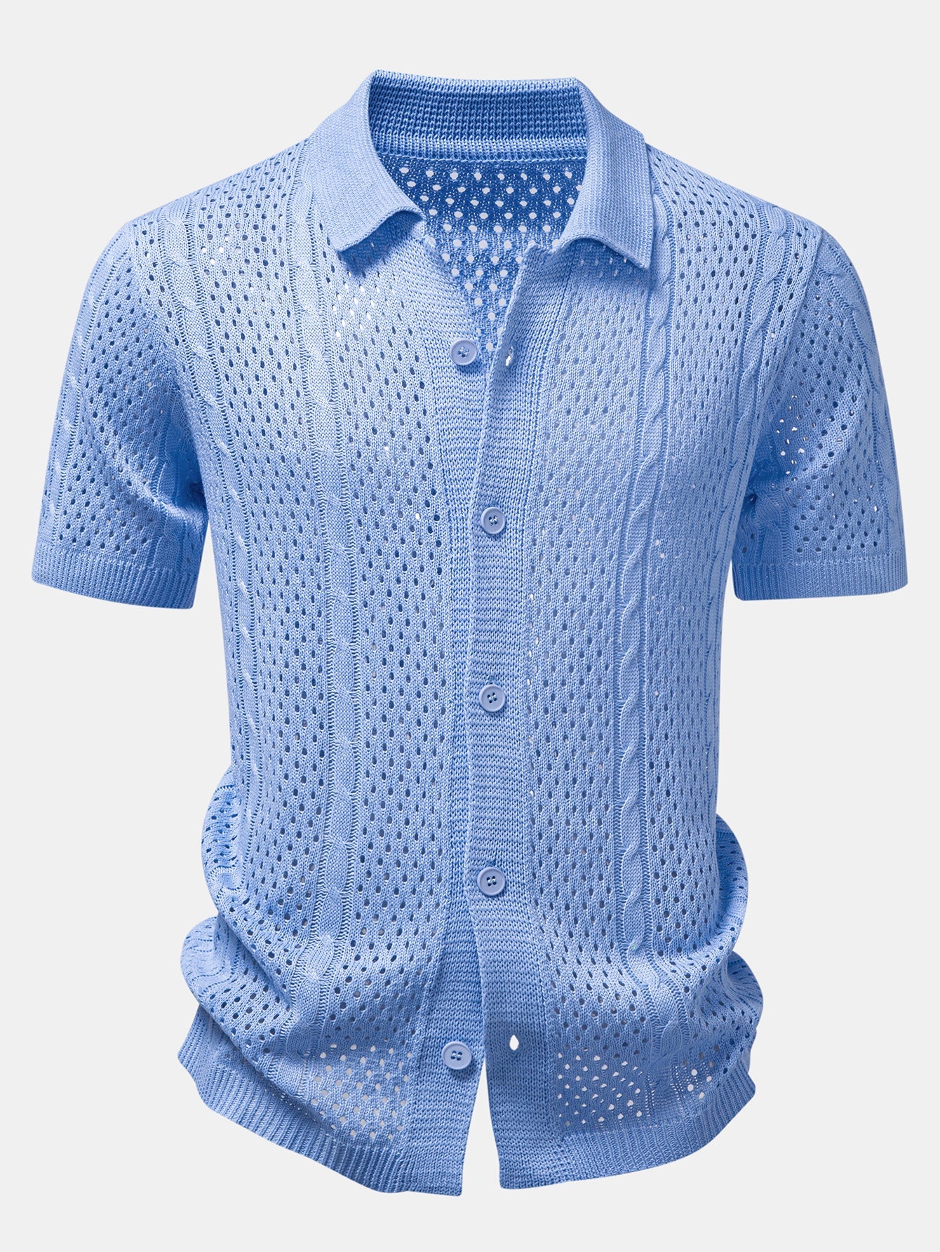 Open Knit Shirt & Crinkle Textured Drawstring 5" Shorts