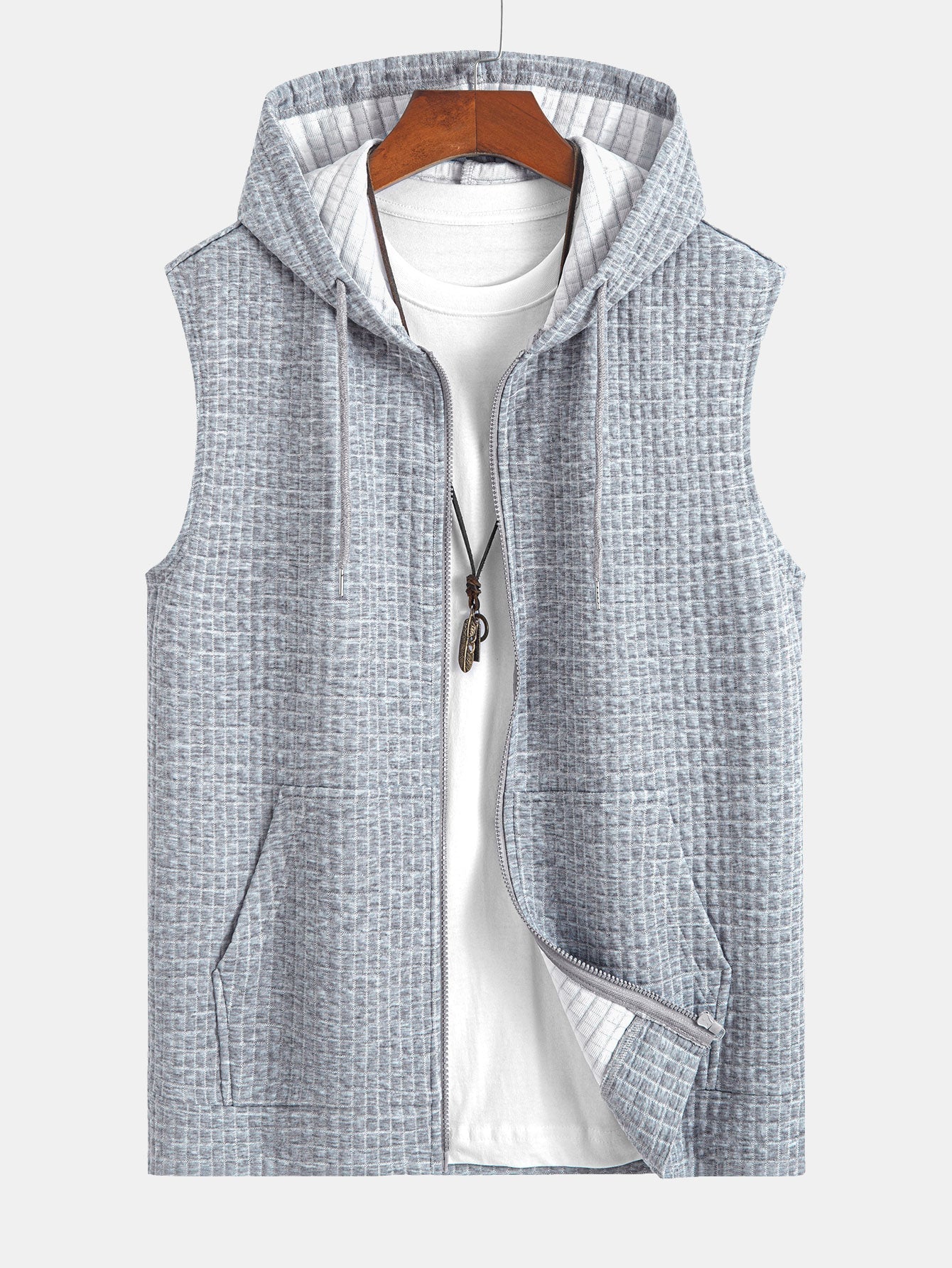 Sleeveless Waffle Zipper Hoodie