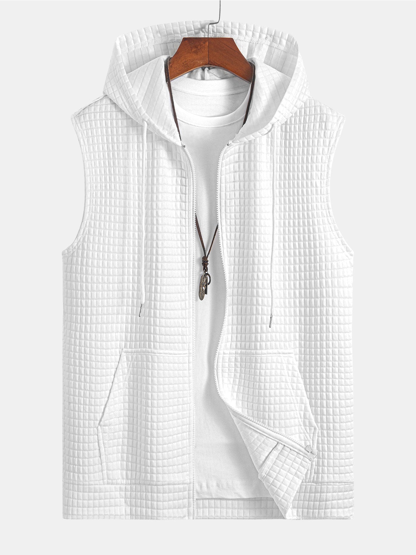 Sleeveless Waffle Zipper Hoodie