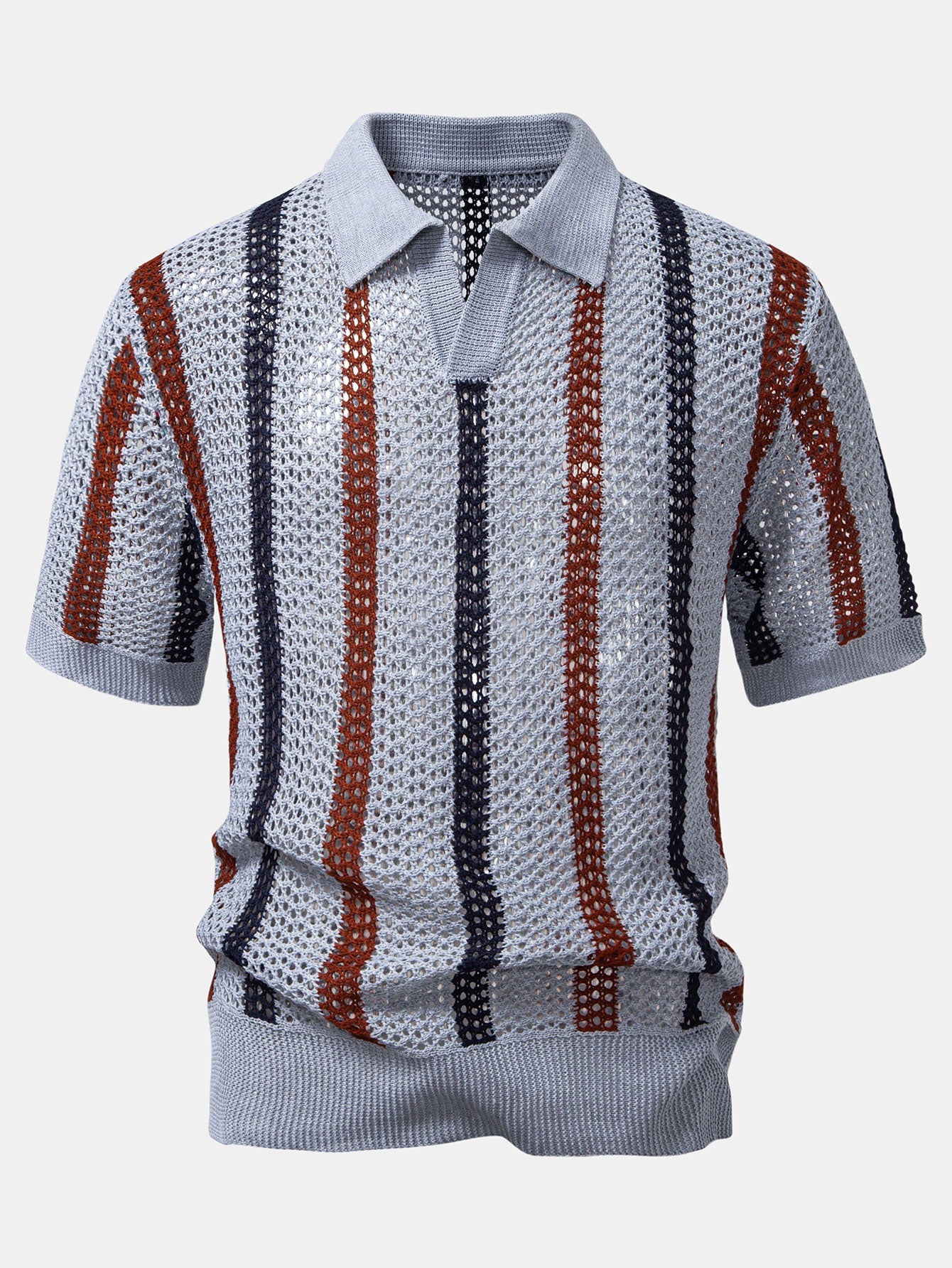 Striped Crochet V Neck Polo & Straight Leg Linen Pants