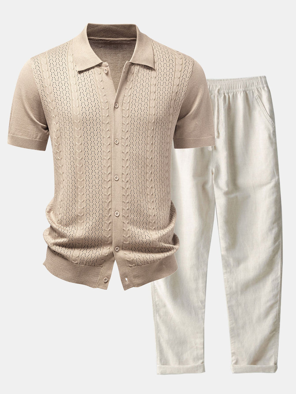 Twisted Jacquard Button Up Knit Shirt & Straight Leg Linen Pants