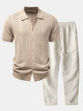 Twisted Jacquard Button Up Knit Shirt & Straight Leg Linen Pants