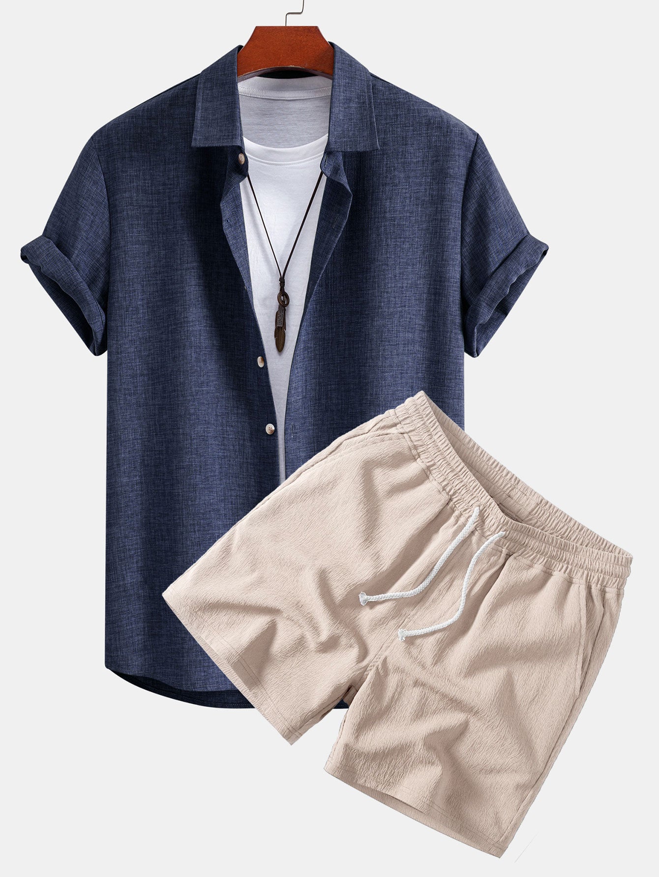 Linen Look Button Up Shirt & Crinkle Textured Drawstring 5" Shorts