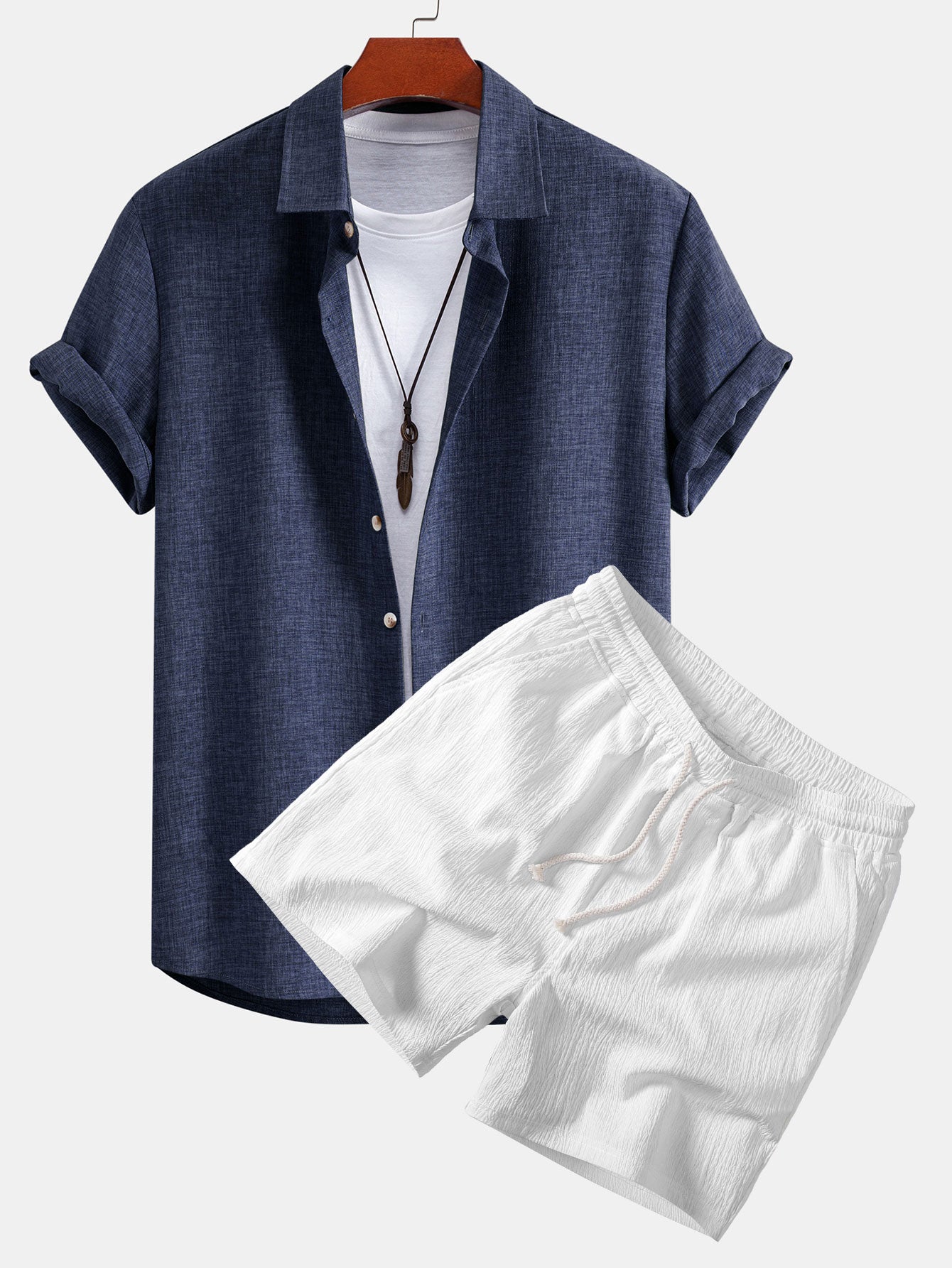 Linen Look Button Up Shirt & Crinkle Textured Drawstring 5" Shorts