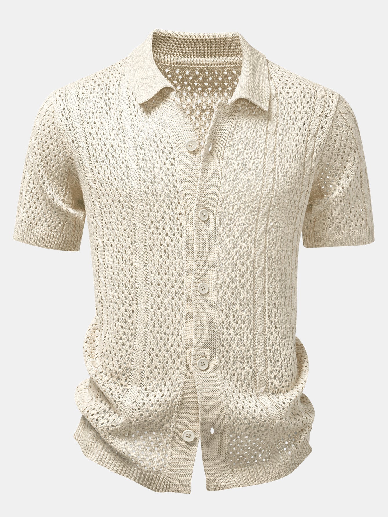 Open Knit Shirt & Crinkle Textured Drawstring 5" Shorts