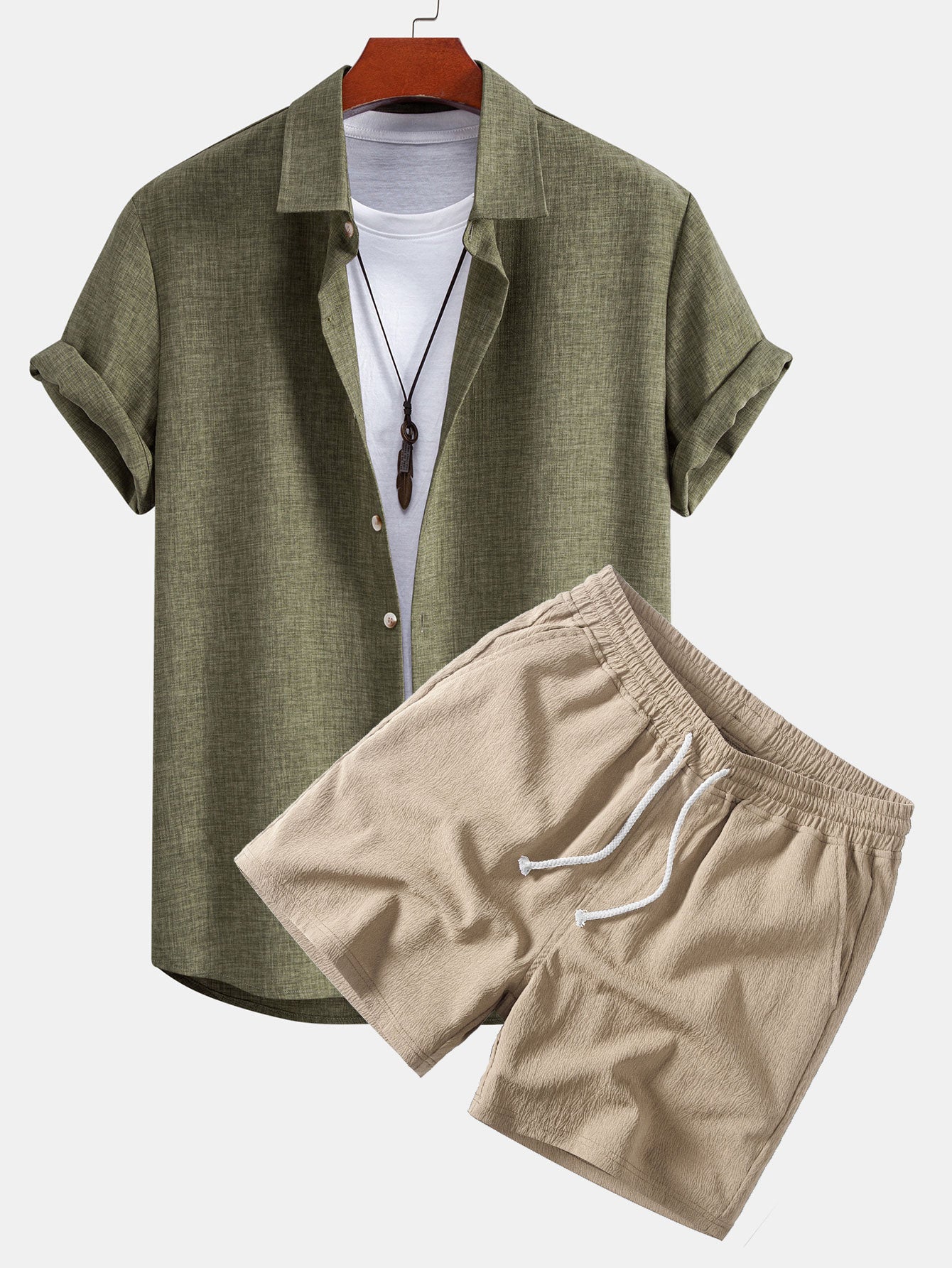 Linen Look Button Up Shirt & Crinkle Textured Drawstring 5" Shorts