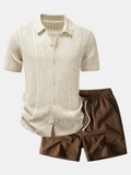 Open Knit Shirt & Crinkle Textured Drawstring 5" Shorts