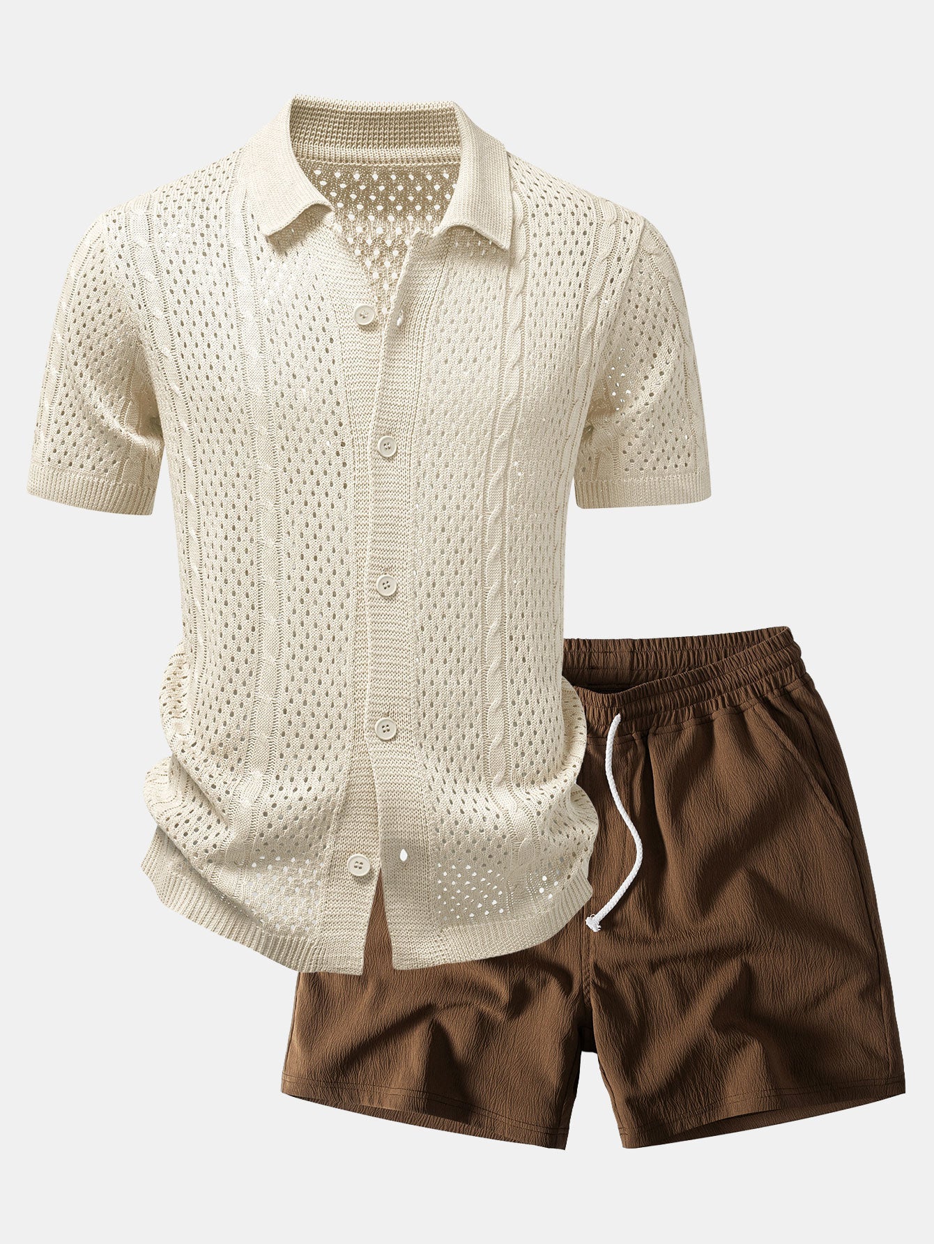 Open Knit Shirt & Crinkle Textured Drawstring 5" Shorts