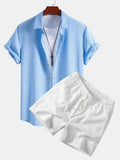 Linen Look Button Up Shirt & Crinkle Textured Drawstring 5" Shorts