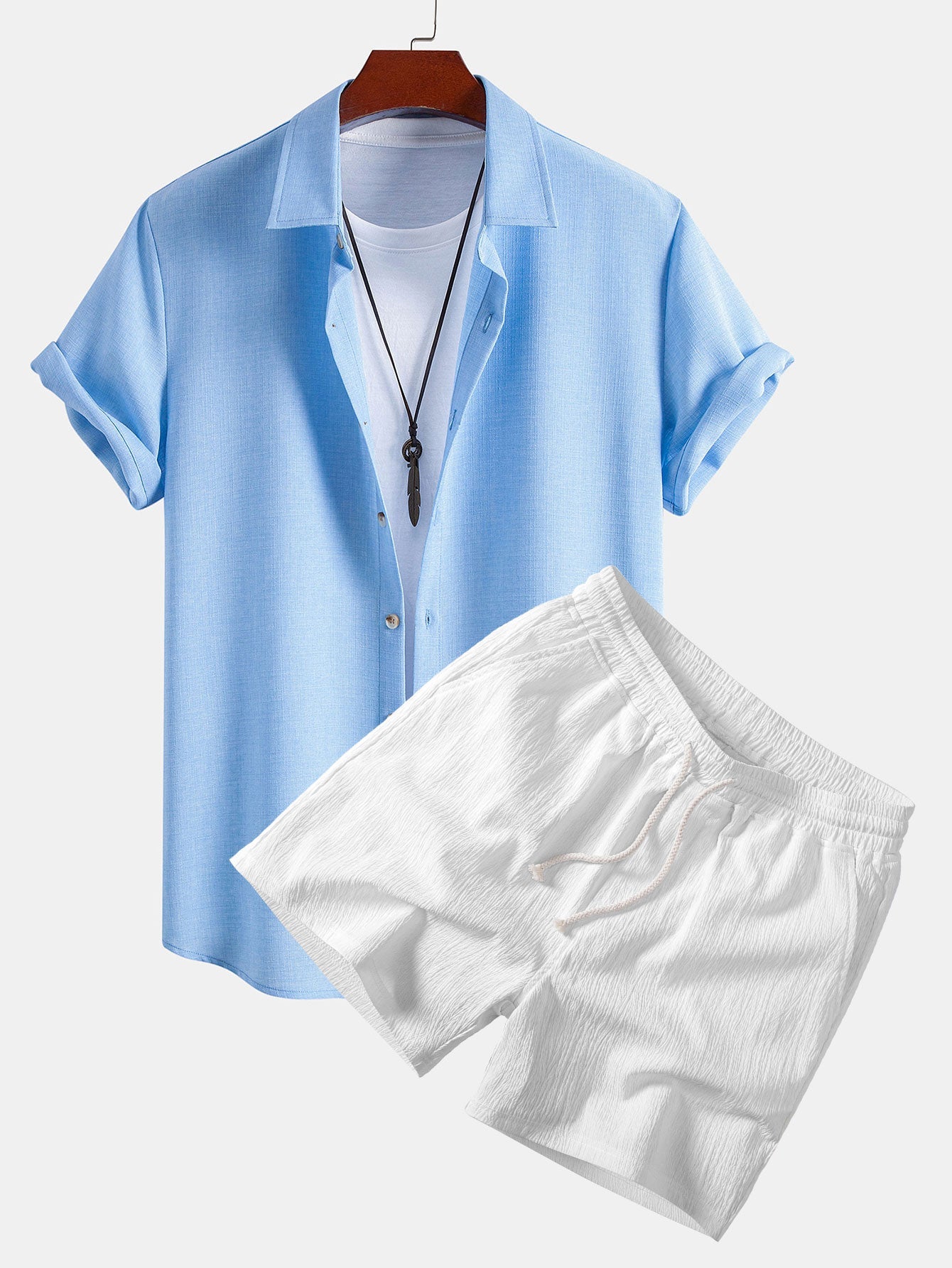 Linen Look Button Up Shirt & Crinkle Textured Drawstring 5" Shorts