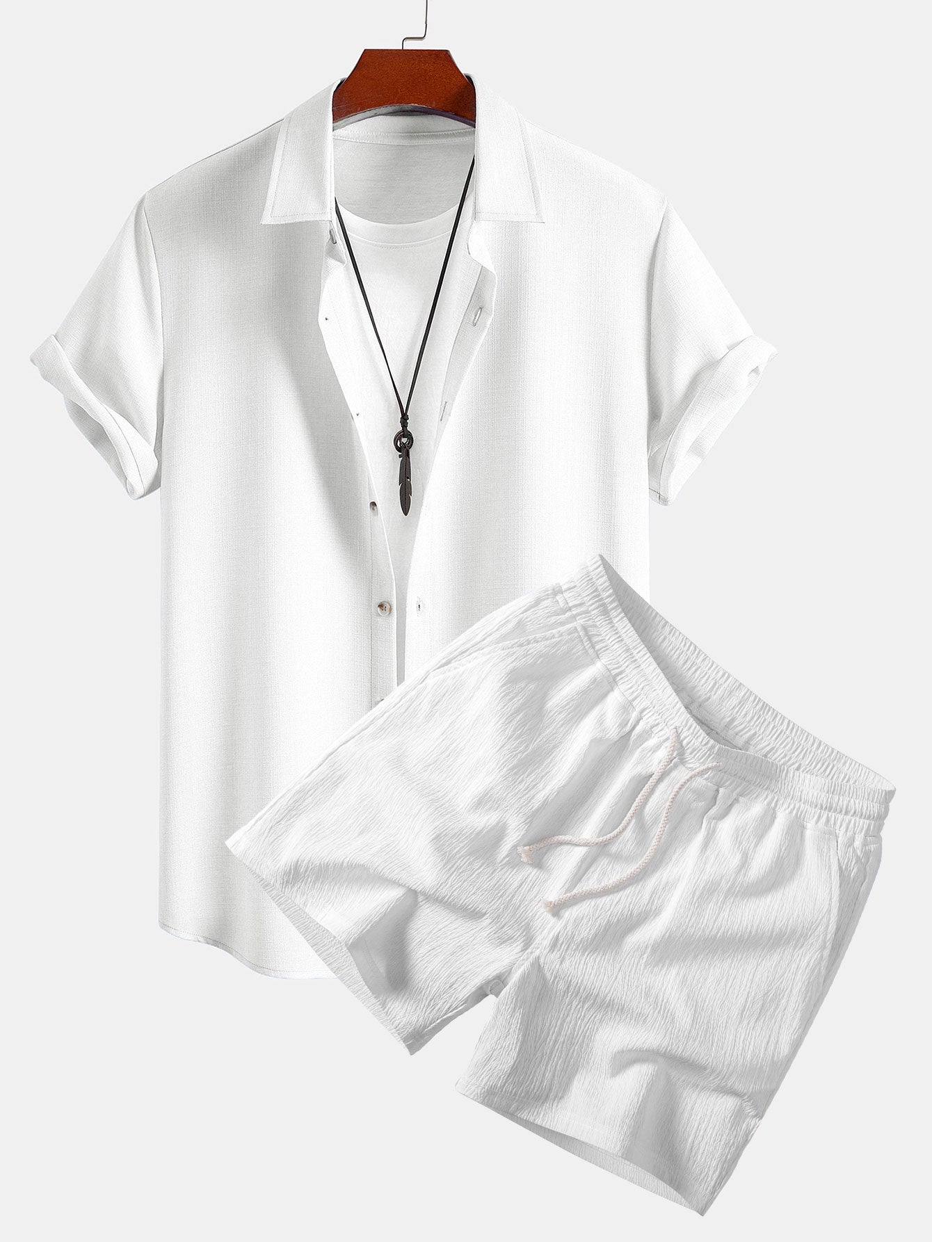 Linen Look Button Up Shirt & Crinkle Textured Drawstring 5" Shorts