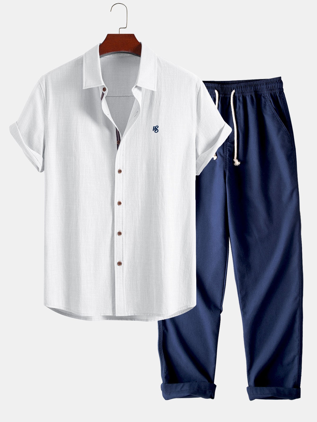 Short Sleeve Linen Look Button Up Shirt & Straight Leg Linen Pants