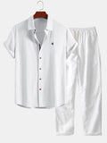 Short Sleeve Linen Look Button Up Shirt & Straight Leg Linen Pants