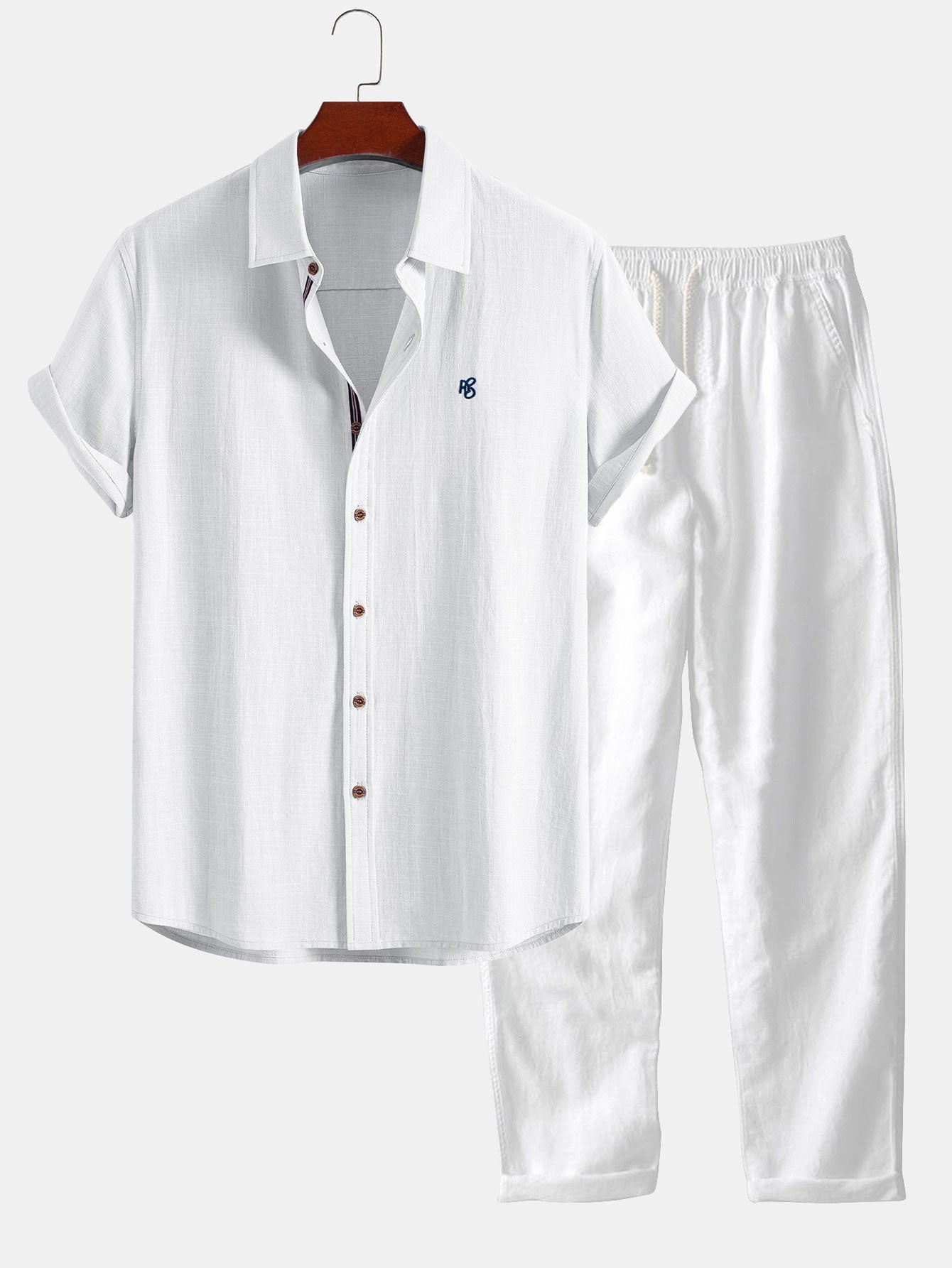 Short Sleeve Linen Look Button Up Shirt & Straight Leg Linen Pants