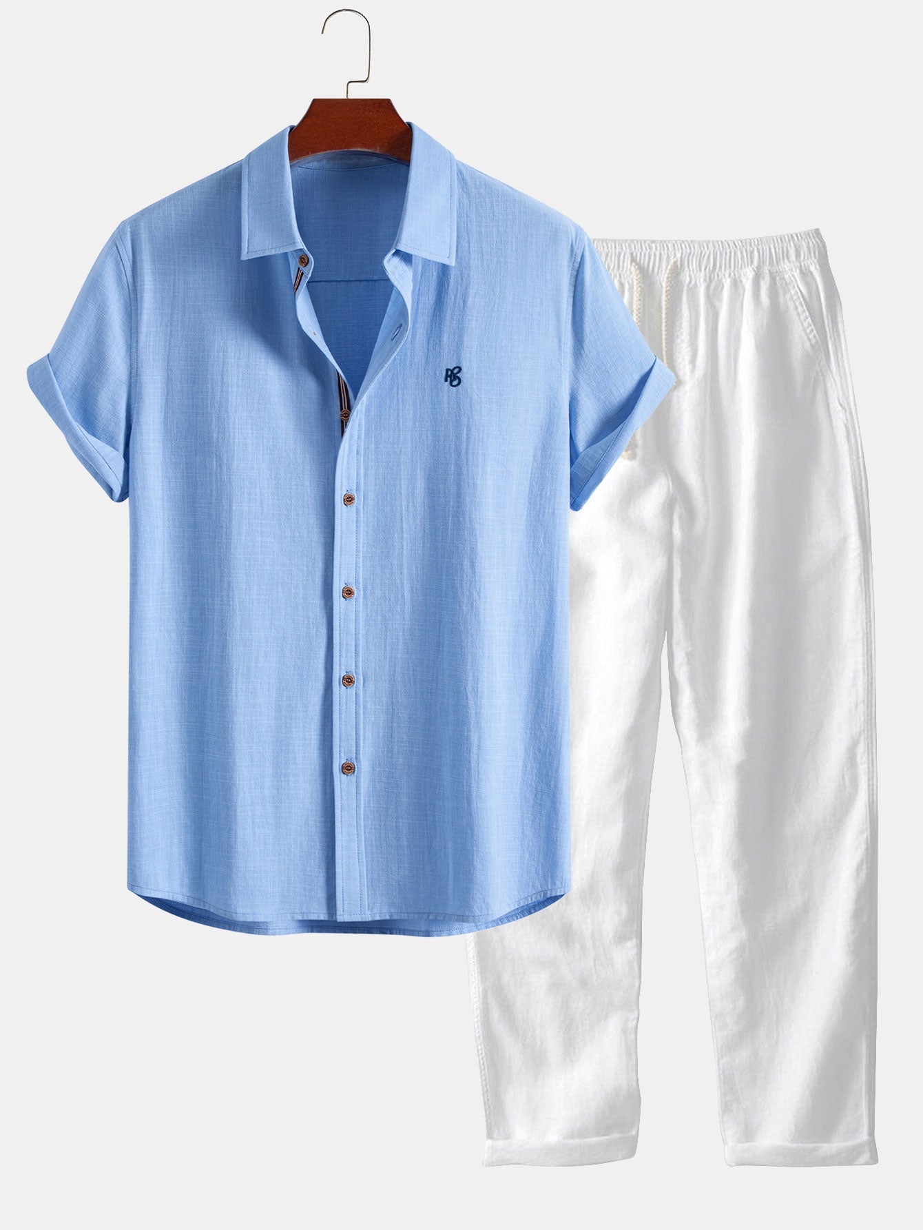 Short Sleeve Linen Look Button Up Shirt & Straight Leg Linen Pants