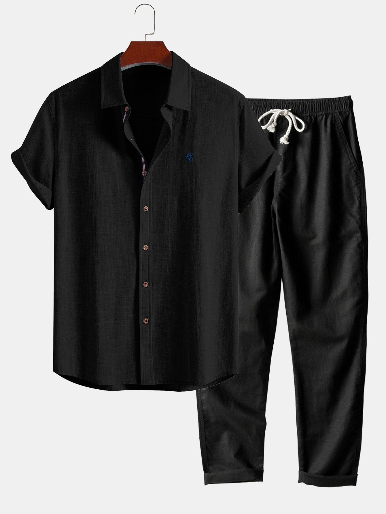 Short Sleeve Linen Look Button Up Shirt & Straight Leg Linen Pants