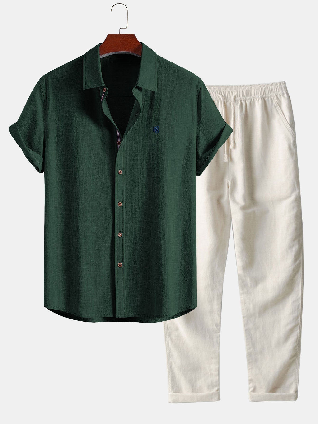 Short Sleeve Linen Look Button Up Shirt & Straight Leg Linen Pants