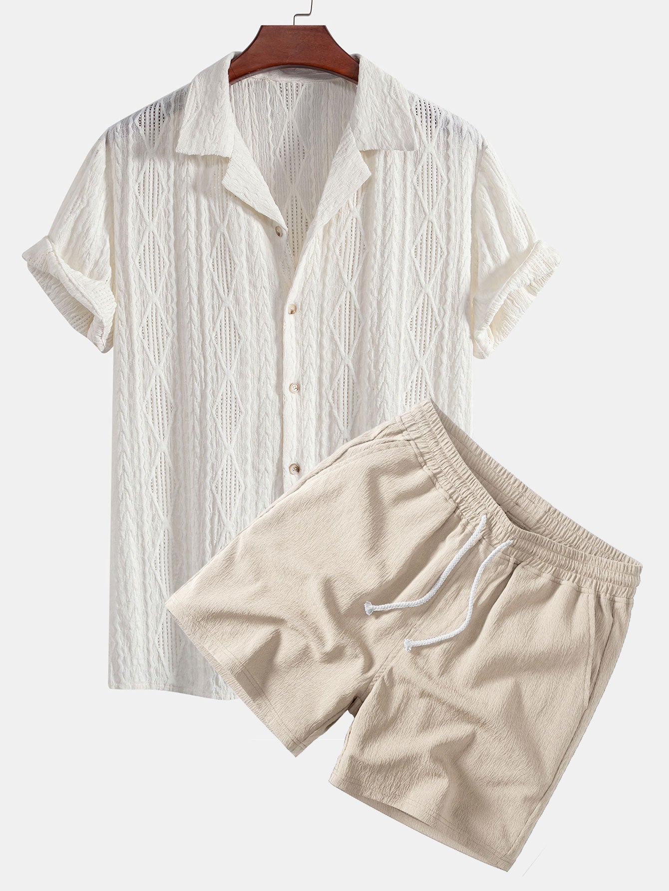 Geometric Jacquard Eyelet Cuban Shirt & Crinkle Textured Drawstring 5" Shorts