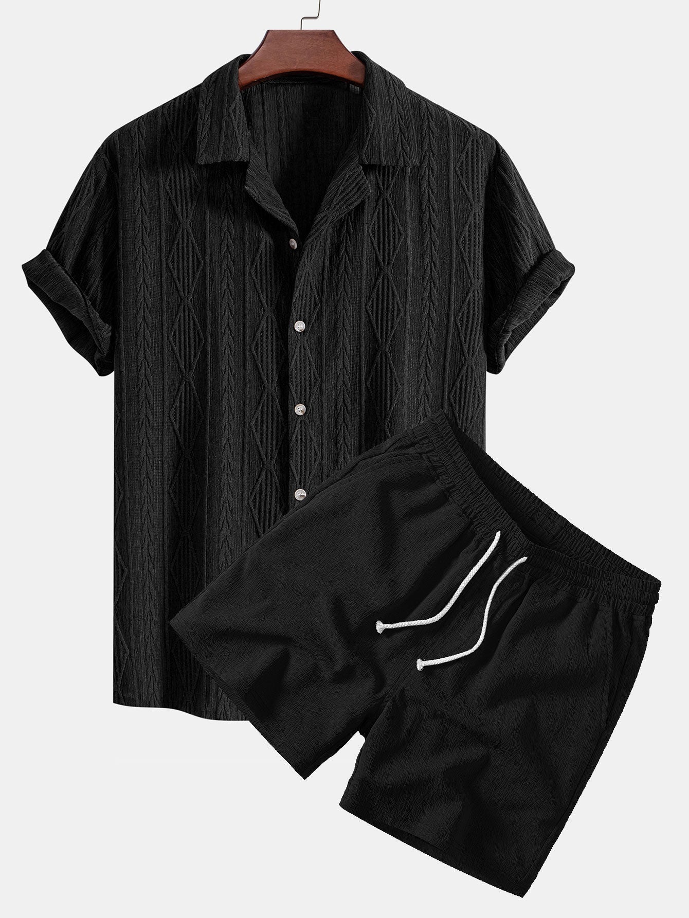 Geometric Jacquard Eyelet Cuban Shirt & Crinkle Textured Drawstring 5" Shorts