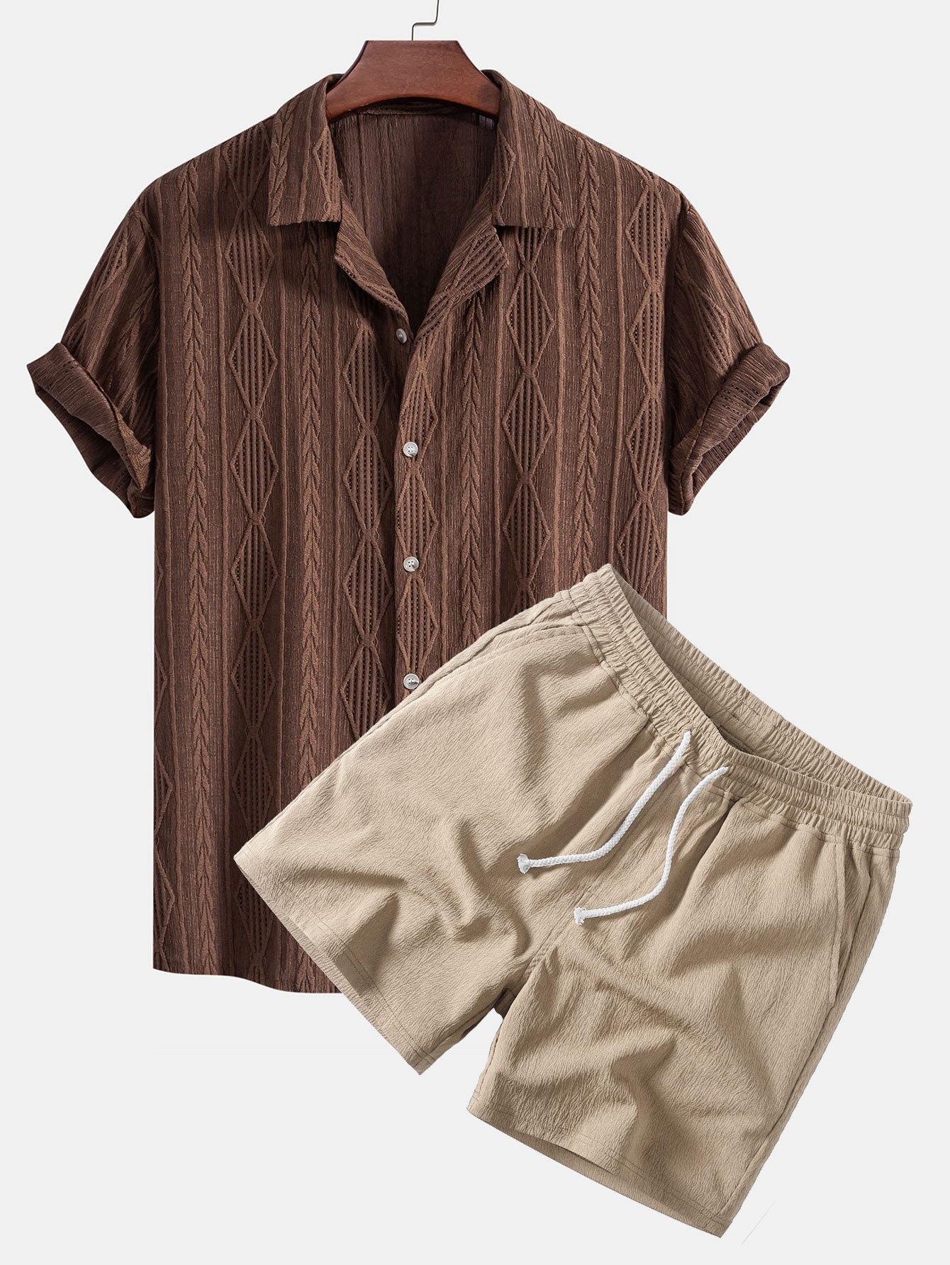 Geometric Jacquard Eyelet Cuban Shirt & Crinkle Textured Drawstring 5" Shorts