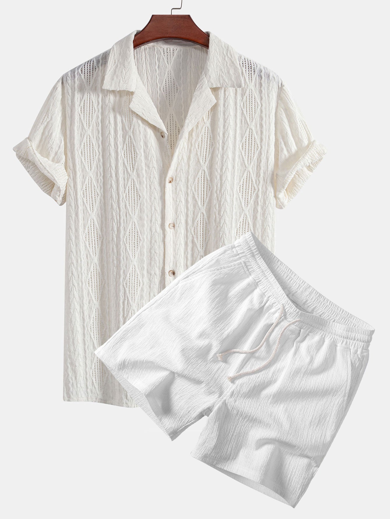 Geometric Jacquard Eyelet Cuban Shirt & Crinkle Textured Drawstring 5" Shorts