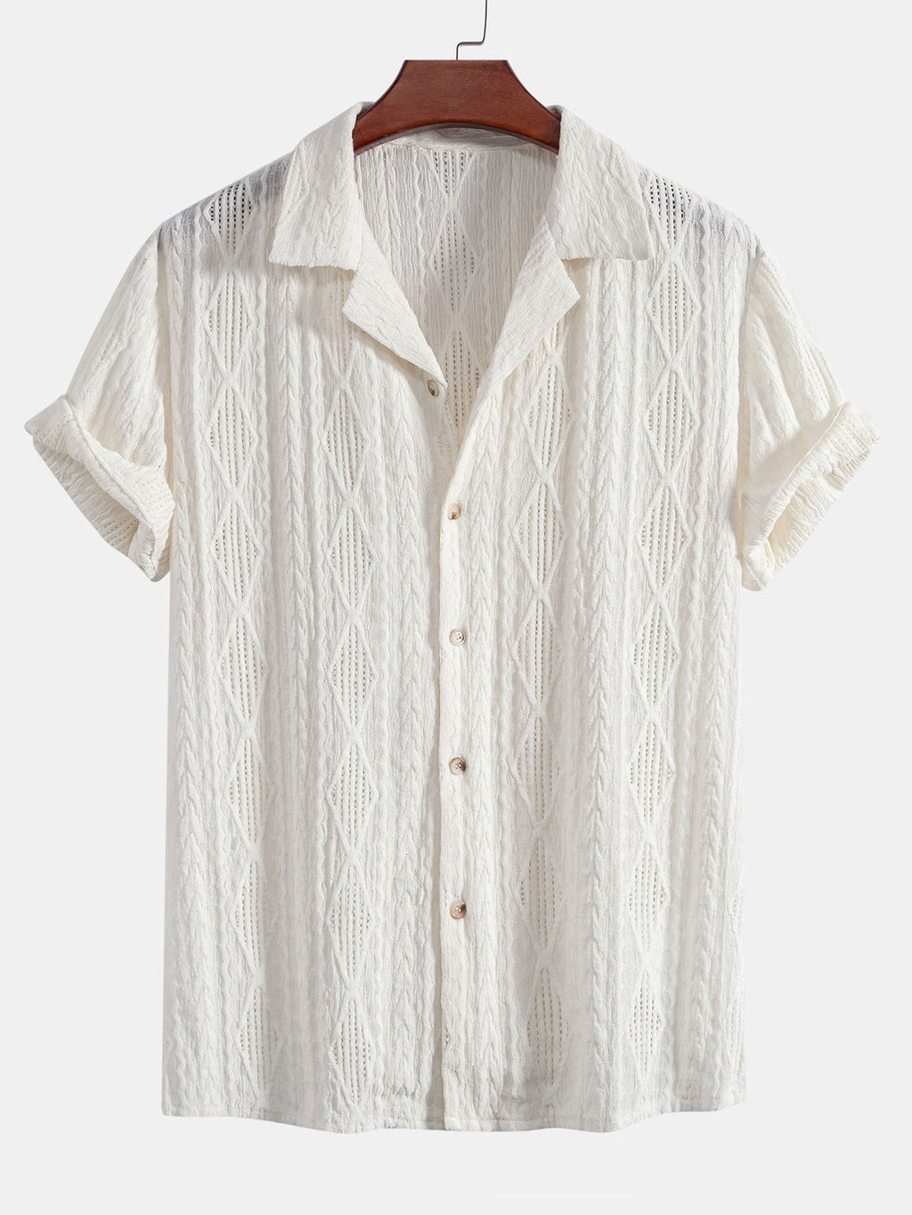 Geometric Jacquard Eyelet Cuban Shirt & Crinkle Textured Drawstring 5" Shorts