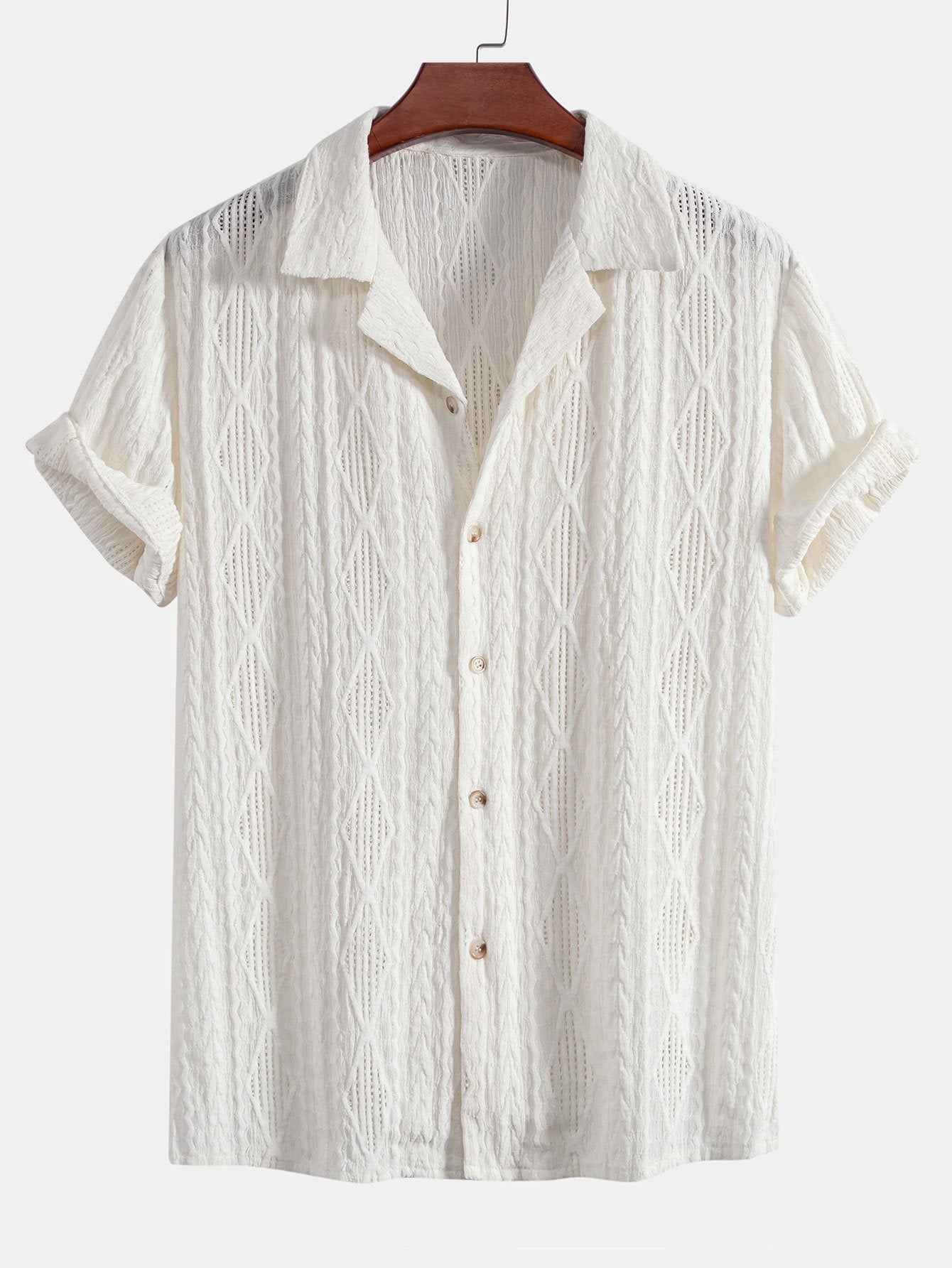 Geometric Jacquard Eyelet Cuban Shirt & Crinkle Textured Drawstring 5" Shorts
