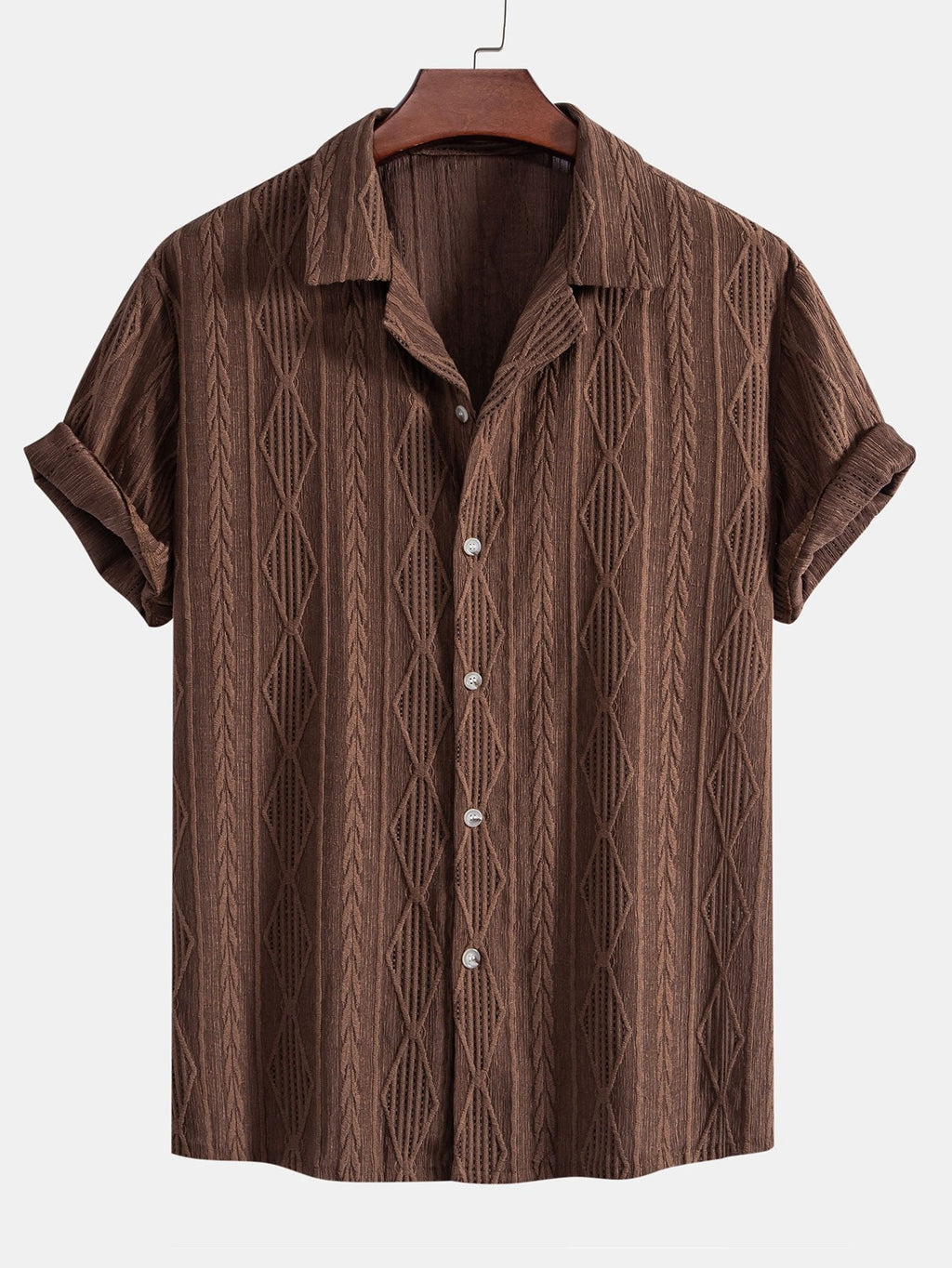 Geometric Jacquard Eyelet Cuban Shirt & Crinkle Textured Drawstring 5" Shorts