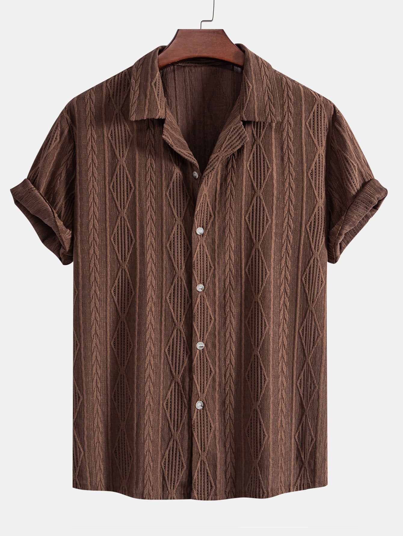 Geometric Jacquard Eyelet Cuban Shirt & Crinkle Textured Drawstring 5" Shorts