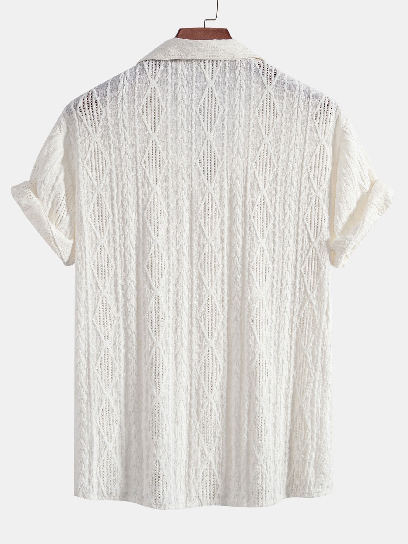 Geometric Jacquard Eyelet Cuban Shirt & Crinkle Textured Drawstring 5" Shorts