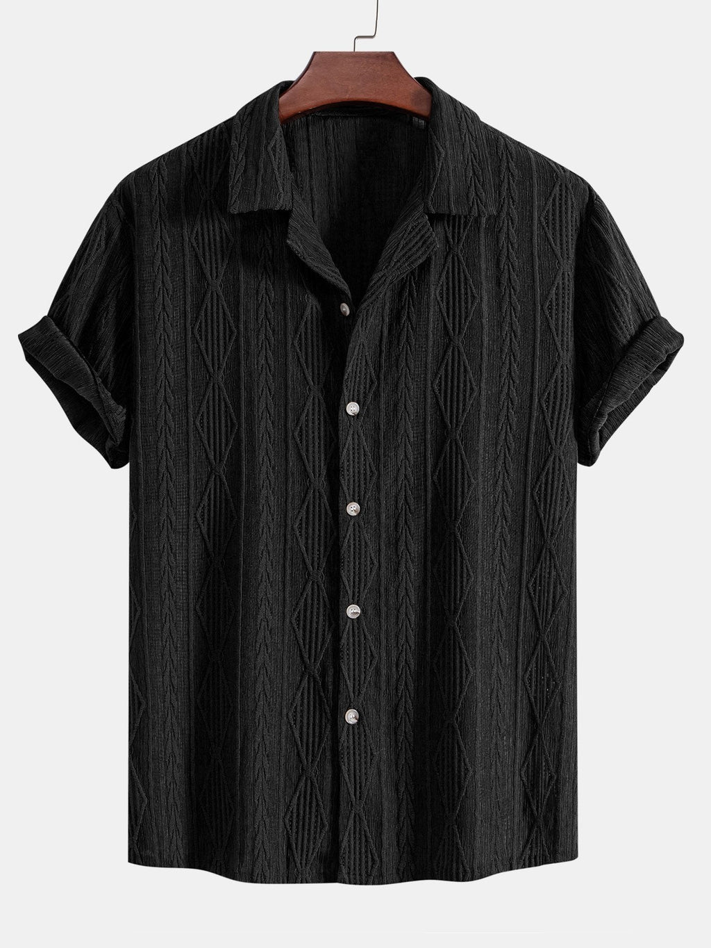 Geometric Jacquard Eyelet Cuban Shirt & Crinkle Textured Drawstring 5" Shorts
